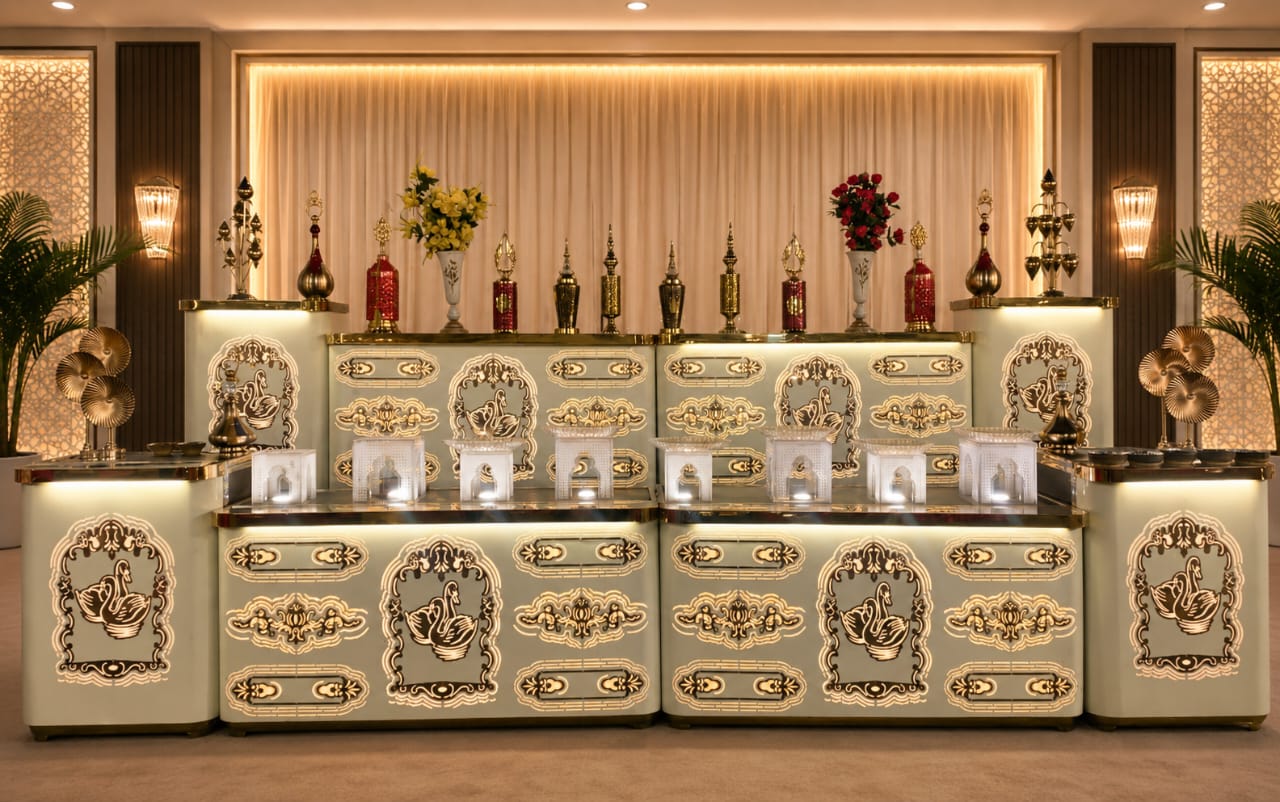 Illuminated jaali buffet counters with brass urns at a nikah reception