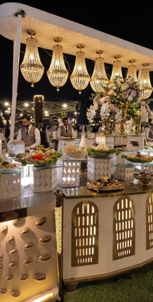 Outdoor catering counter under crystal chandeliers with florals